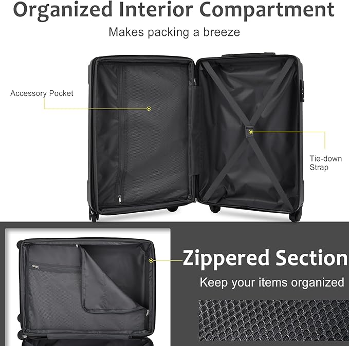 20 Inch Carry On Luggage, Lightweight ABS Hard Shell Suitcase with Spinner Wheels, Durable Travel Luggage with Combination Lock & Side Hooks for Men Women, Black