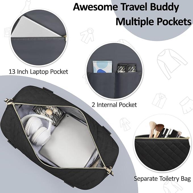Quilted Travel Duffle Bag for Travel Women with Toiletry Bag, Large Weekender Bags for Women Carry on Duffel Overnight Bag, Waterproof Travel Tote Bags for Sports, Weekender, Business, Black