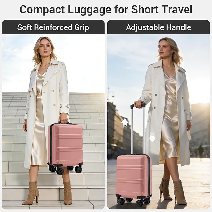 Kono 15'' Underseat Carry On Luggage Airline Approved, Anti-Scratch PC+ABS Hardshell Carry on Suitcase with Smooth Spinner Wheel, Lightweight Overnight Carry on for Short Travel, Nude/Rose Pink
