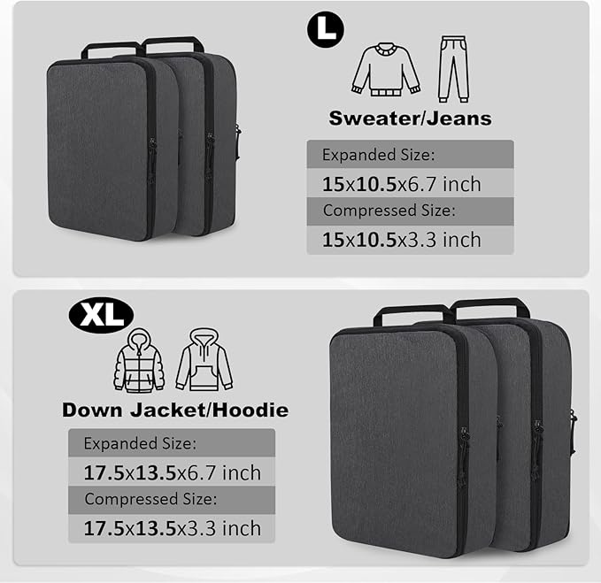 Compression Packing Cubes for Travel Essentials, 4 Set Expandable Travel Cubes for Packing Compression Bags Luggage Suitcase Organizer, Black