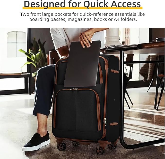 LARVENDER Luggage Sets 5 Piece Softside Expandable Suitcases Set with Spinner Wheels TSA Lock, Lightweight Soft Shell Rolling Travel Luggage Set Clearance for Men and Women, Black Brown