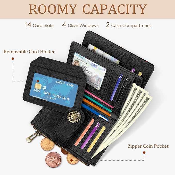 Icycay Butterfly Small Wallet Women RFID Blocking Bifold, Credit Card Holder, Zipper Coin Pocket, PU Leather, Compact, Travel, 4 ID Window, 14 Card Slots, Cash Purse, Ladies Woman Female Girls