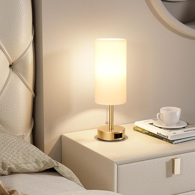 Gold Bedside Table Lamps Set of 2 - Bedroom Lamp for Desk, AC Outlet | 3CCT(3000K/4000K/5000K), LED Bulbs Included, White Fabric Lampshade, 14in Small Lamp for Nightstand, Guest Room, Living Room