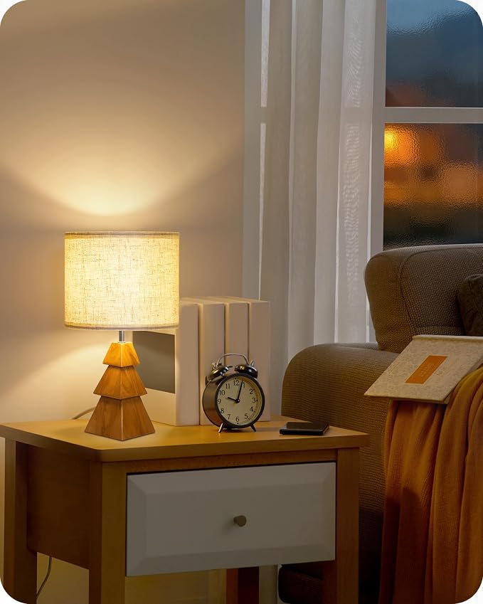 Wood Table Lamp, Wood Bedside Lamp with Tree-Shaped Base & Linen Lampshade, Modern Cute Desk Lamp for Living Room, Bedroom, E26 Base, Bulb Not Included, Beige and Dark Natural LE08TL05