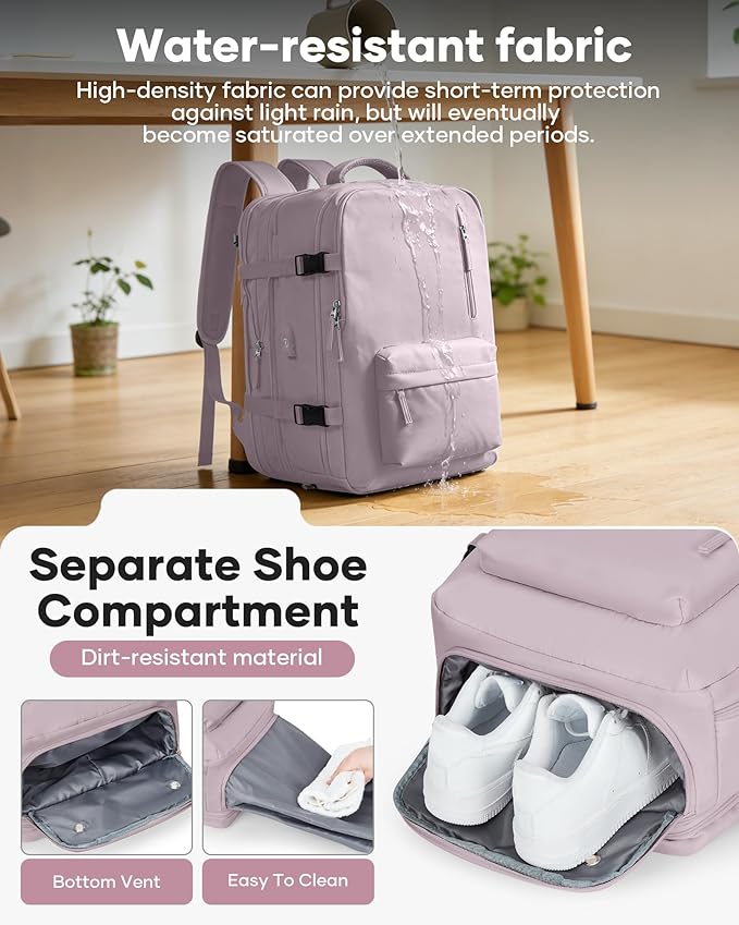 VECAVE Vacuum Backpack Travel with Pump, Expandable Personal Item Carry on Backpacks for Women Men, Laptop Waterproof Work Compression bags with USB Casual Daypack Pink