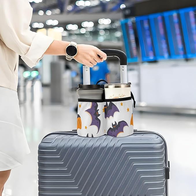 White Halloween Bats and Stars Luggage Cup Holder Travel Portable Free Hand Drink Carrier Suitcase Drinks Beverage Holder Carry-On Bottle Mug Holder Organizer Bag Travelers Accessories