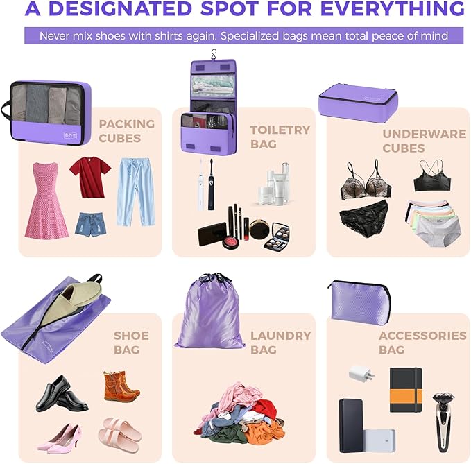 8-Piece Compression Packing Cubes for Travel, Elegant Ultralight Luggage Organizer Set for Women, Space Saving for Carry-On, Suitcase & Vacation Cruise Travel - Purple