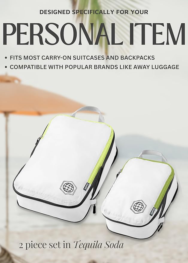 Compression Packing Cubes 2 Piece Set for Carryon Suitcases- Lightweight, Durable Clothes Organizer (White and Green)