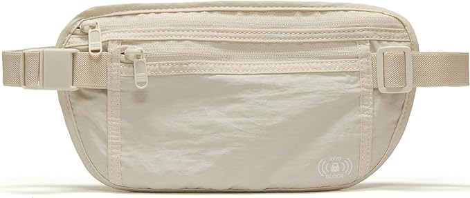Pander RFID Blocking Travel Money Belt – Hidden Waist Pouch for Passport, Cash, Cards, Slim Belt Bag for Men and Women, White Opal
