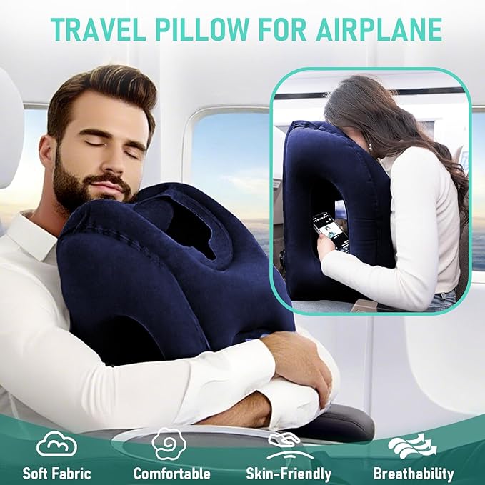 Inflatable Travel Pillow for Airplanes, Airplane Pillow for Long Flight Comfortably Supports, Used for Planes, Trains, Cars, Includes Storage Bag, Eye Mask & Earplugs (Blue)