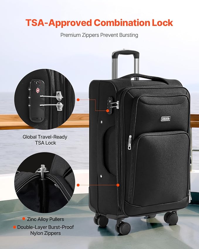 VEVOR Softside Expandable Luggage with Spinner Wheels, 24-Inch Softside Checked Medium Luggage, Lightweight Checked Suitcase with Expandable Zippered Pocket and TSA Lock, Black