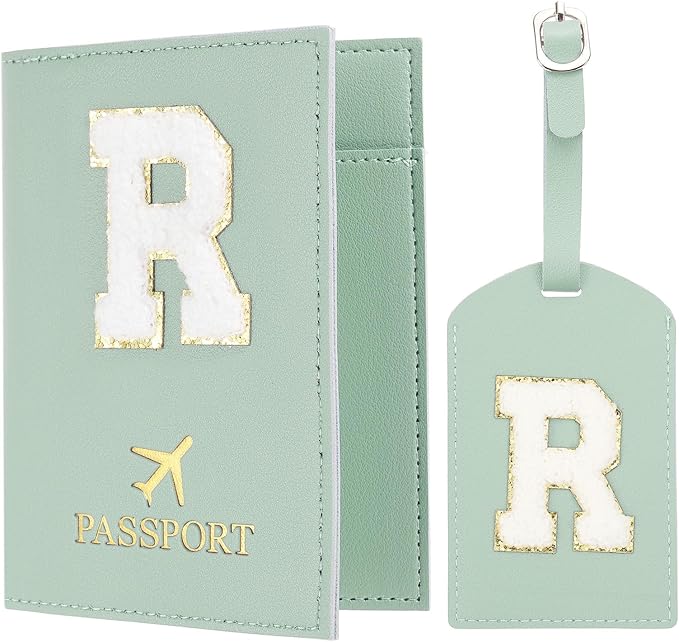 PATIKIL Passport Holder for Travel, Initial Passport Cover and Luggage Tag Set with Alphabet Chenille Letter Patch Travel Wallet Bag Suitcase Identifier for Women Family Travel Green R