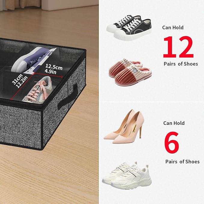 Onlyeasy Under Bed Shoe Storage Organizer For Closet, 4 Pack Fit 12x4 Pairs, Underbed Solution Shoes Container Bags with Sturdy Sidewall & Reinforced Handles, Breathable, Linen-like Black, MXAUBSB4P