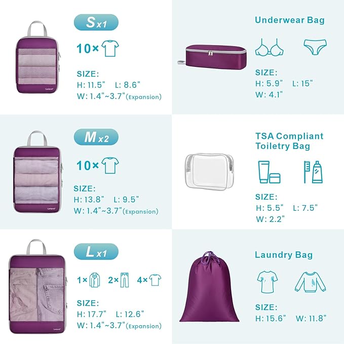 Cambond Compression Packing Cubes - 7 Piece See Through Mesh Packing Cubes for Travel with Underwear Laundry Makeup Bag, Expandable Travel Packing Suitcase Organizers for Family Vacation, Purple