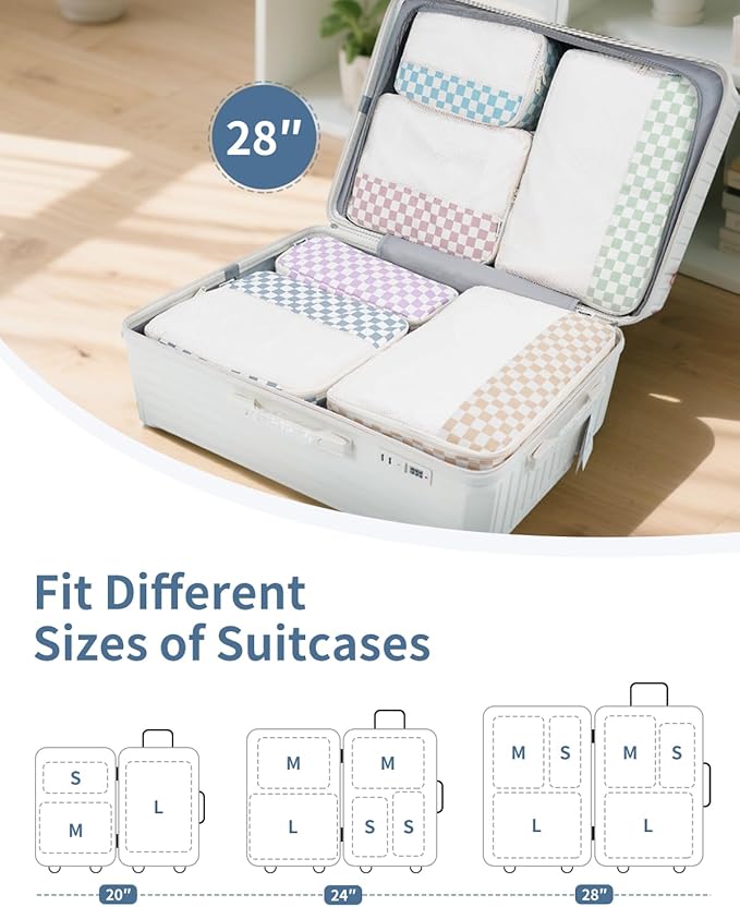 Narwey 7 Set Checkered Packing Cubes for Travel Kids Women, Durable Packing Organizer Bags for Carry on Suitcase Luggage Travel Essentials Accessories (Combined Checkerboard)