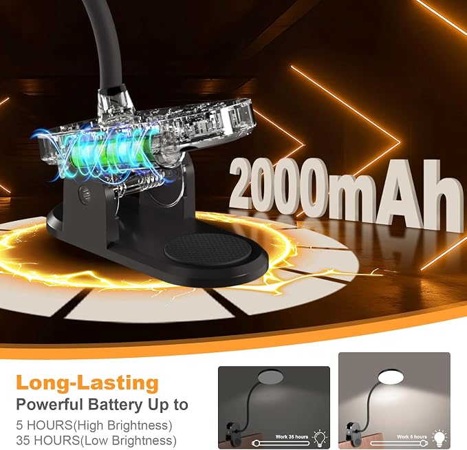 Rechargeable Clip on Light for Bed, 97 LED Cordless Reading Lamp with 3 Color Modes & 10 Brightness Levels, Portable and Flexible Book Light Clamp on Office Desk Bunk Bed Dorm Headboard (Black/4.7'')
