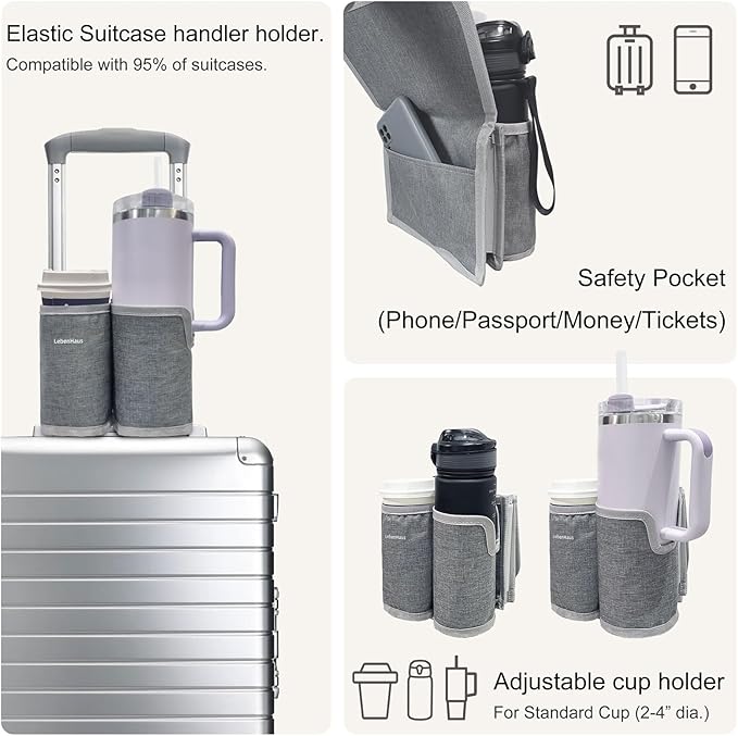 2 in 1 Luggage Cup Holder for Suitcase Airplane Cup Holder for Tray Table Drink Carrier for Stanley Tumblers Coffee Beverage Organizer Luggage Drink Holder Travel Gifts for Women (Gray)