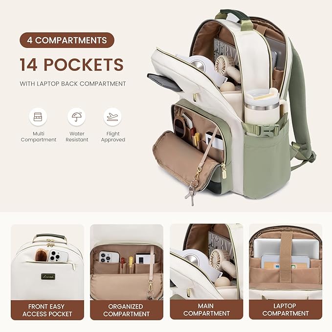 LOVEVOOK Laptop Backpack for Women with Pouch Pocket for Large Capacity Cup,15.6 Inch Teacher Nurse College Work Backpack Purse,Waterproof Laptop Bag Computer Back Pack for Travel, Beige-Green-Black