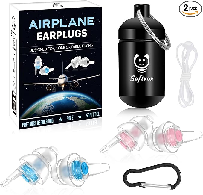 Airplane Ear Pressure Relief Ear Plugs with String, Prevent Ear-Pain & Noise Reduction, Plane Travel Essentials Pressure Equalizing Earbuds, 100x Reusable Comfy Earplugs for Adults Kids 12+