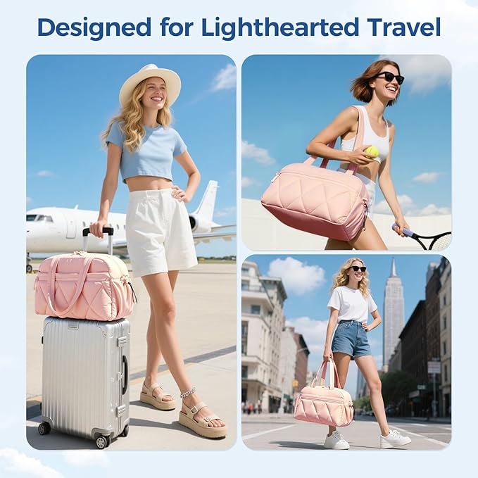 Gym Bag for Women, Puffer Travel Duffle Bag With Shoes Compartment & Wet Pocket, Carry On Tote Bag For Weekender, Overnight, Sport (Pink, Medium)