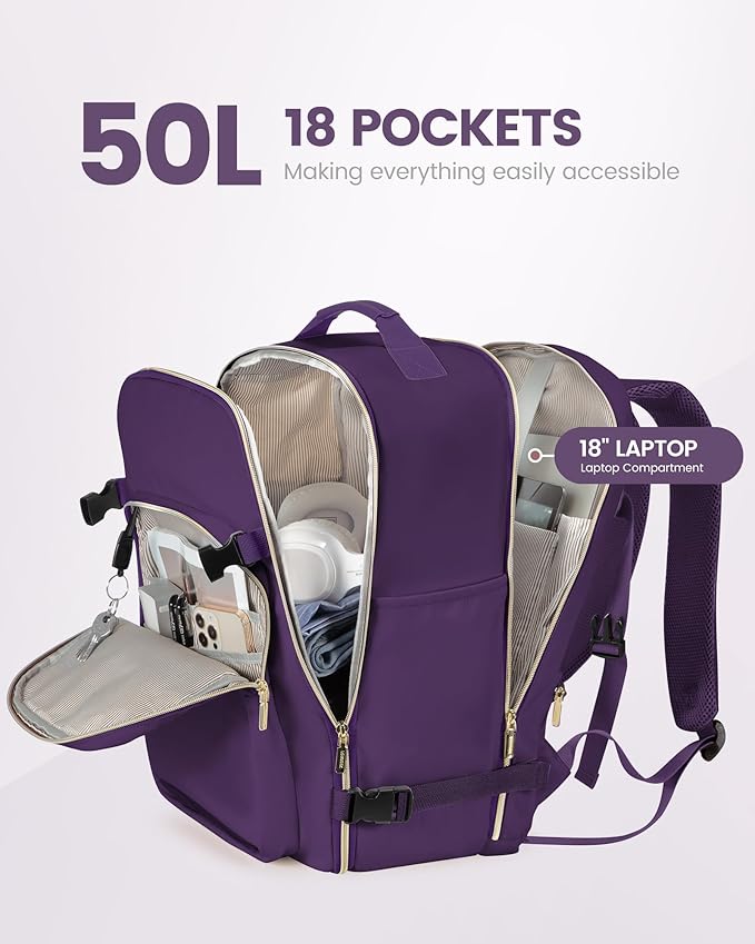 LOVEVOOK Travel Backpack for Women & Men 50L,Airline Approved Carry On Backpack Travel Essentials,TSA Carry on Luggage,Waterproof Personal Item Travel Bag,Suitcase with 3 Packing Cubes,Dark purple