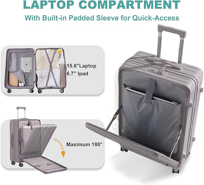 Gets Carry on Luggage Airline Approved,20 Inch Abs+Pc Hardshell Spinner Luggage With Cup Phone Holder and USB Charger,Front Pocket Durable Suitcase for Women Men-Grey