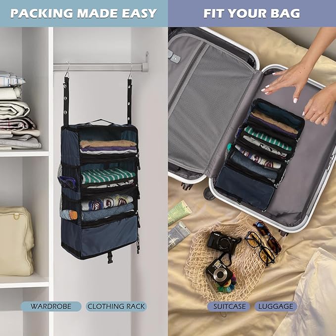 Surblue Travel Hanging Luggage Organizer Portable Suitcase Closet Organizer Multiple Compartments Collapsible Compression Packing Cubes Shelf, Navy, S