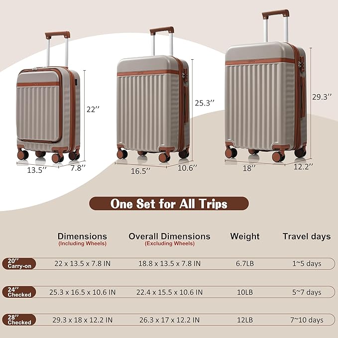 Hardshell Luggage, Lightweight Suitcase with Spinner Wheels, KHAKI+USB