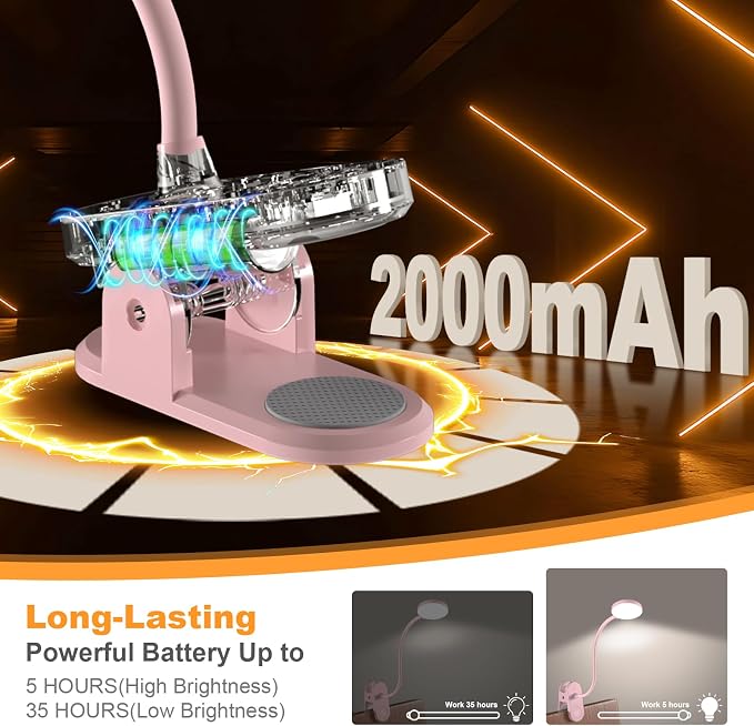Rechargeable Clip on Light for Bed, Cute LED Reading Lamp for Girls Dorm Room, Portable Book Light with Clamp on Headboard Bedside Table, Flexible Lamp with 3 Color Temp & 10 Brightness (Pink/3.5'') | 10 Brightness Levels, Clamp Lamp with USB-C, 15.8''...