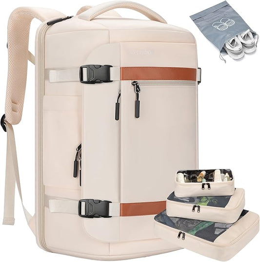 42L Travel Backpack with 4 Packing Cubes, TSA Friendly Flight Approved Carry-On Bag, Water-Resistant Business Backpack for Men Women, Fits 17.3" Laptop (Off-white)