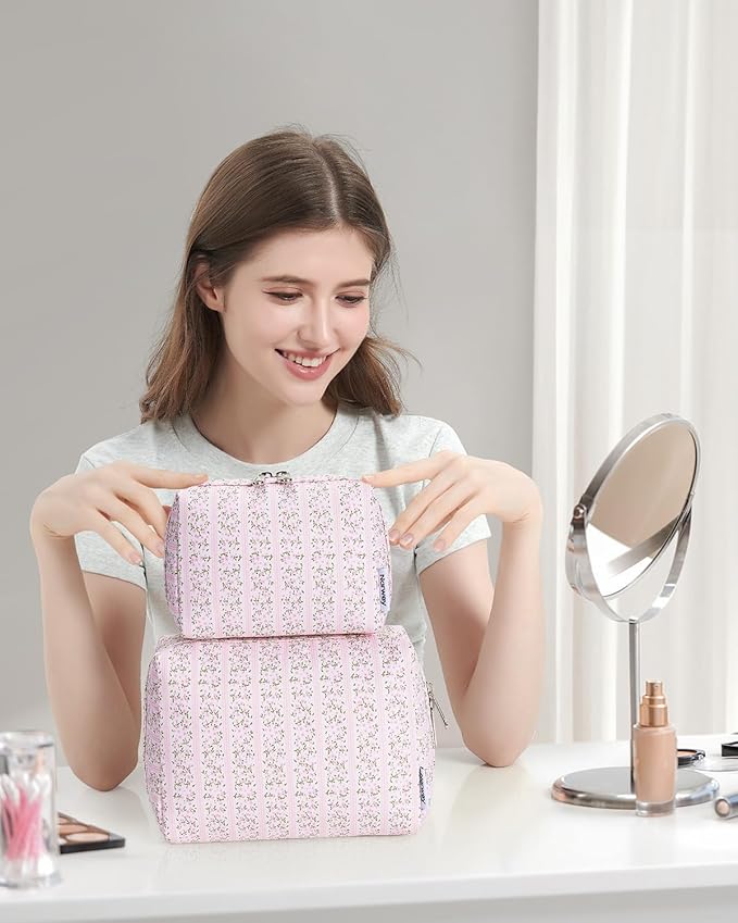 Narwey Small Cute Floral Makeup Bag for Purse Mini Cosmetic Bag Travel Makeup Pouch Zipper Pouch Cute Make up Bags with Compartments for Women Girls (Pink Flower Buds, Small)