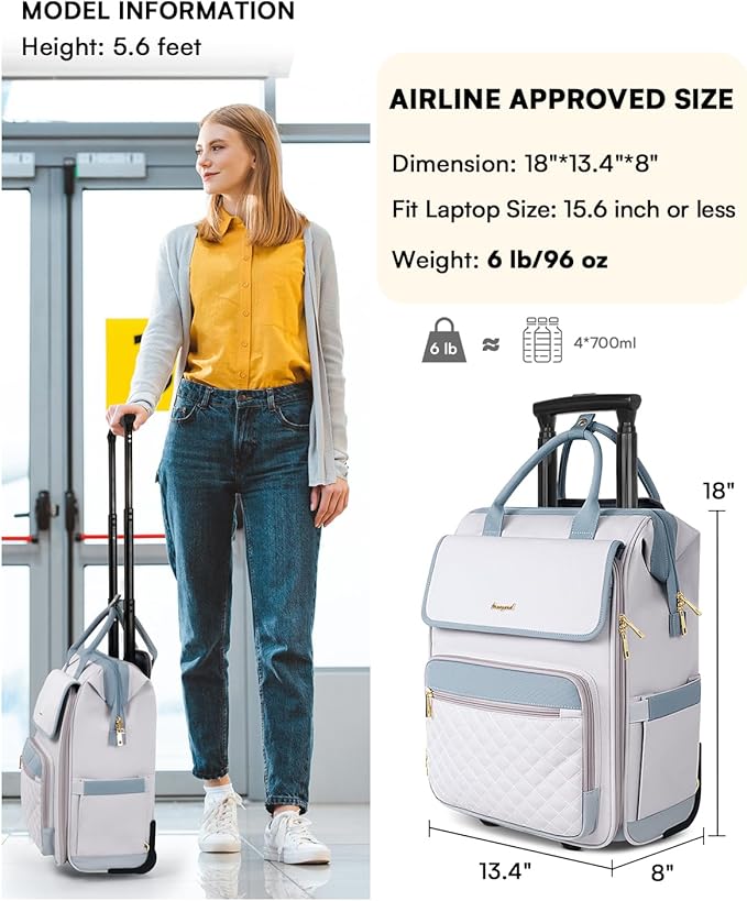 Rolling Backpack for Women, Travel Rolling Laptop Backpack with Wheels, Vertical & Horizontal Storage 2 In 1, Flip-Top Design, Water-Resistant Overnight College Underseat Carry on Luggage, Grey