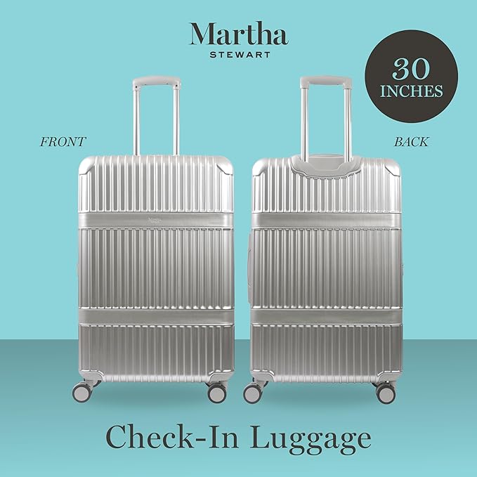 Martha Stewart The Bedford 30 Inch Rolling Luggage, Hardshell Suitcase with Spinner Wheels, Silver