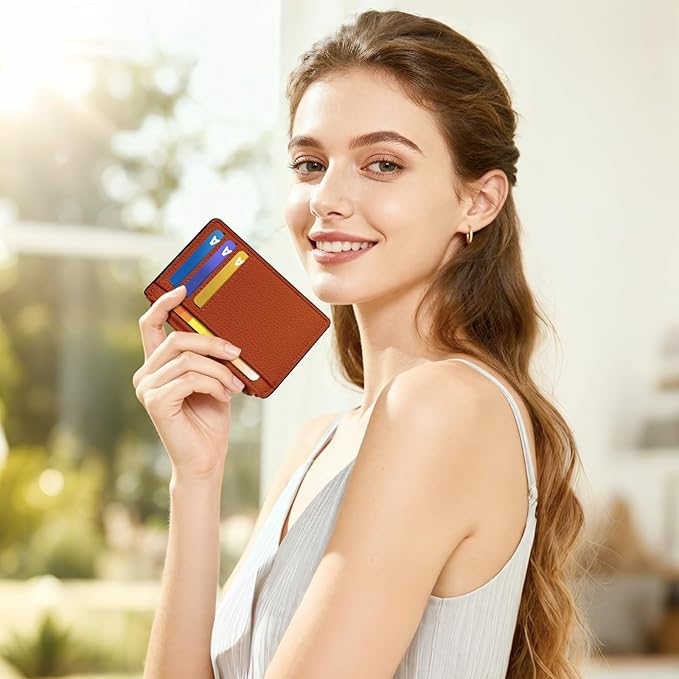 Tipmile Credit Card Holder for Women Slim Minimalist Front Pocket RFID Blocking Wallet Small Compact Card Case with ID Window, Orange