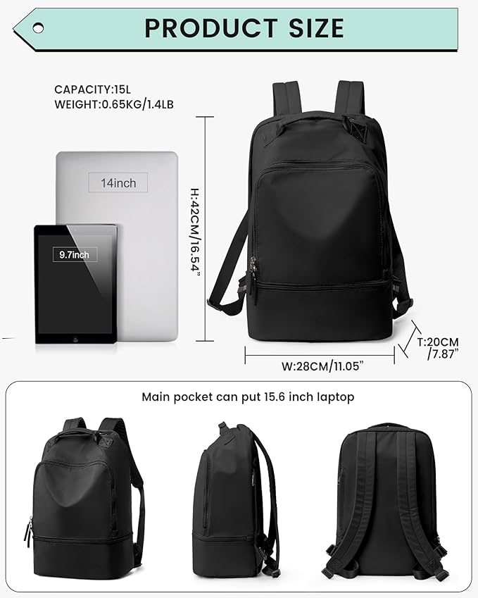 Gym Backpack for Women, Gym Bag with Shoe Compartment, Water Resistant Lightweight Sports Yoga Travel Backpack with Wet Pocket,Cheer Backpack,Black