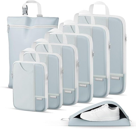 Percover Compression Packing Cubes 8-Piece Set, Packing Cubes Compression for Travel with Laundry Bag & Shoe Bag, Travel Organizer for Carry On & Checked Luggage, Slate Blue