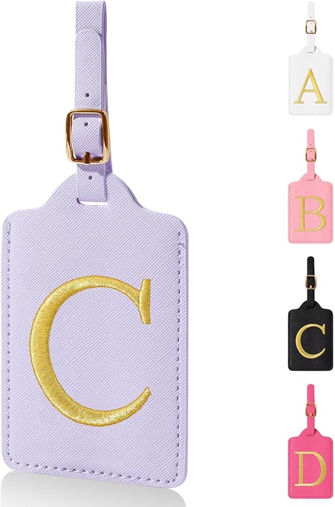 Personalized Initial Luggage Tags for Suitcases,Leather Letter Cute Luggage Tags with Privacy Name Card,Embroidered Monogrammed Travel Bag Backpack Tag Gifts for Women Kids Girls Teens(Purple-C)