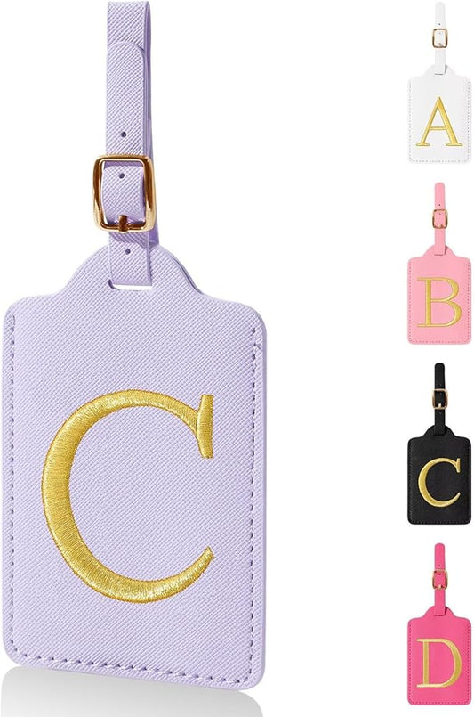 Personalized Initial Luggage Tags for Suitcases,Leather Letter Cute Luggage Tags with Privacy Name Card,Embroidered Monogrammed Travel Bag Backpack Tag Gifts for Women Kids Girls Teens(Purple-C)