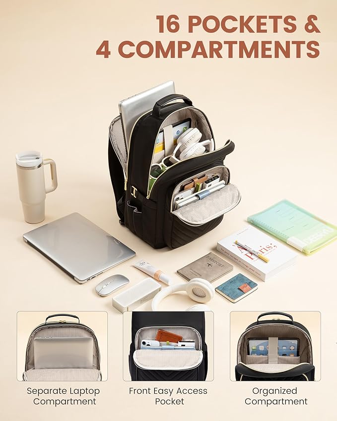 LOVEVOOK Laptop Backpack for Women with Giant Tumbler Holder 18.4 inch,Designer Travel Backpack Laptop Bag College Backpack,Quilted Work Nurse Teacher Backpack Purse Computer Bag Daypack,Black Brown