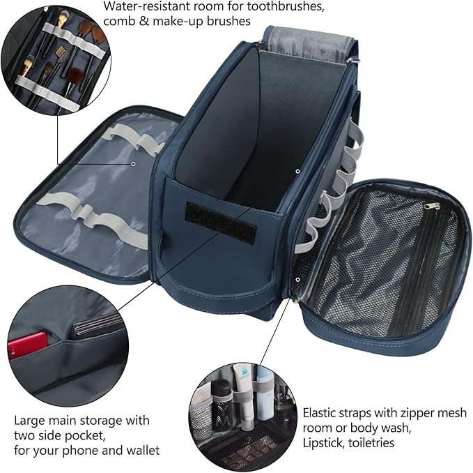 Buruis Extra Large Toiletry Bag for Men, Travel Toiletry Organizer Dopp Kit Water-resistant Shaving Bags, PU Leather Cosmetic Bathroom Shower Bag for Toiletries, Grooming, Accessories (Blue)