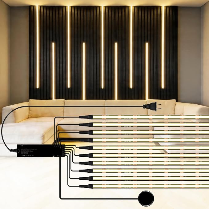12V LED Cabinet Lighting Kit 10pcs Self-Adhesive Cuttable 6.56Ft 4000K | Black COB LED Strip Lights with 100W Adapter Touch Dimmable LED Recessed Lighting for Wood Slat Wall Panels Headboards Shelf
