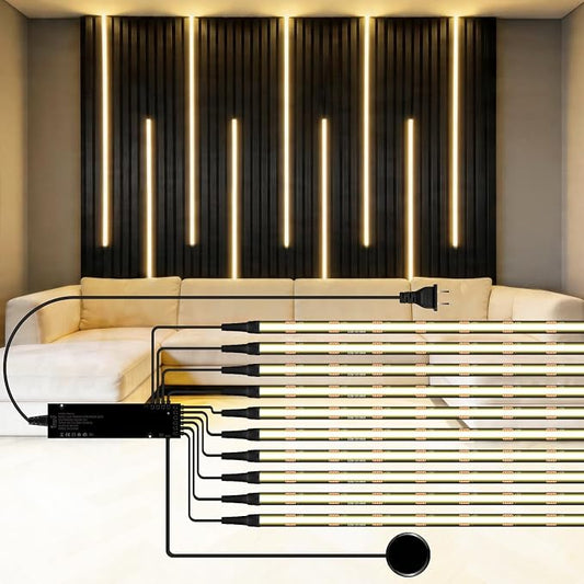 12V LED Cabinet Lighting Kit 10pcs Self-Adhesive Cuttable 6.56Ft 4000K | Black COB LED Strip Lights with 100W Adapter Touch Dimmable LED Recessed Lighting for Wood Slat Wall Panels Headboards Shelf