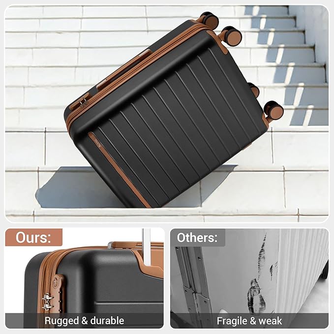 Kono Expandable 20 Inch Carry On Suitcase Airline Approved, Lightweight ABS+PC Hardshell Luggage with 360° Silent Spinner Wheels, Black/Brown