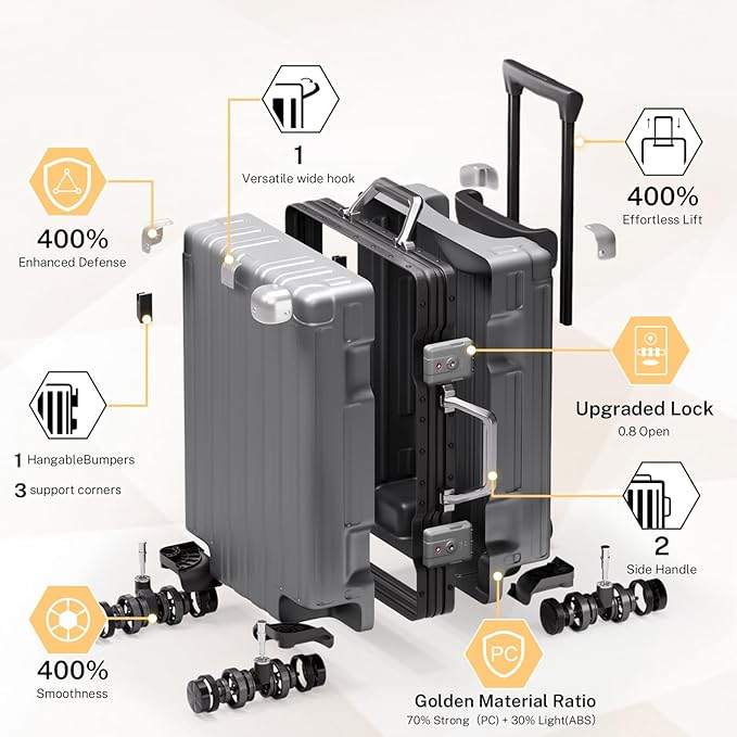 Krute Carry On Luggage 20 inch Aluminum Frame Luggage with Spinner Wheels Hardshell No Zipper PC+ABS TSA Lock Zipperless Suitcases