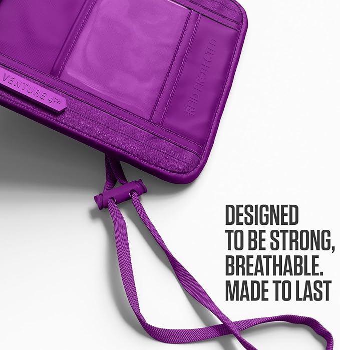 VENTURE 4TH Neck Wallet for Women & Men – RFID Blocking Passport Holder for Travel, Hidden Neck Pouch with 6 Compartments, Slim Lightweight Travel Organizer with Adjustable Strap (Sleek Purple)