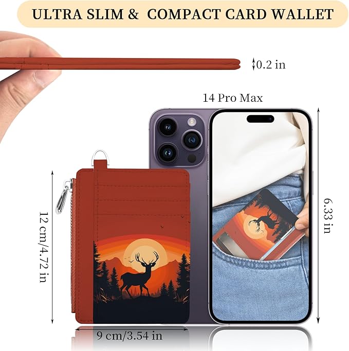 Hancynir Slim Wallet Women Credit Card Holder Sunset Deer RFID Small Mini Card Case Front Pocket PU Leather Thin Travel Zipper Coin Cash ID Window Ladies Female Wallet Gifts
