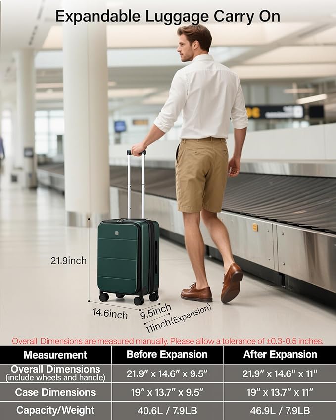 MILADA 20-Inch Expandable Carry On Luggage, Hard Shell Top-Opening Luggage with Wheels, TSA-Approved Small Travel Bag for Men and Women Carry-On Suitcase, Blackish Green