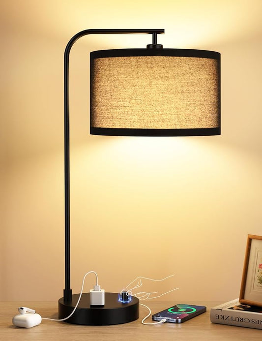 Innqoo Black Table Lamp for Bedroom with USB Port and Outlet, Dimmable Nightstand Bedside Lamps with Linen Lampshade, Desk Lamp for Home Office, Living Room, Guest Room, LED Bulb Included
