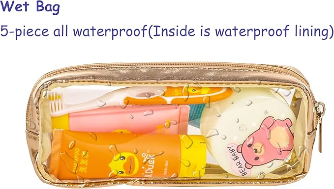 TSA Approved 5-Piece Diaper Bag Organizer Pouch Set Clear Waterproof TPU Kids Toiletry Storage Set Travel Packing Clutch Cube Bags for Baby Nursing(Gold leather)