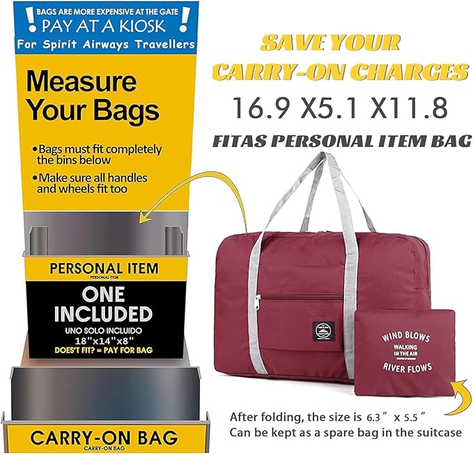 Foldable Travel Duffel Bag Tote Carry on Luggage Bag Spirit Airlines Personal item Sports Gym Bag Water Resistant Weekender Overnight Bags for Women and Men (Red)